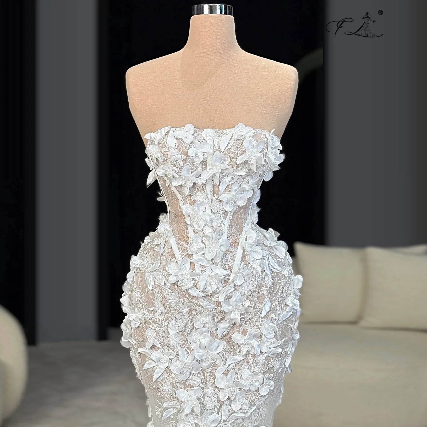 3D Applique Lace Long Dress Mermaid Wedding Dress Lace Floral Dress