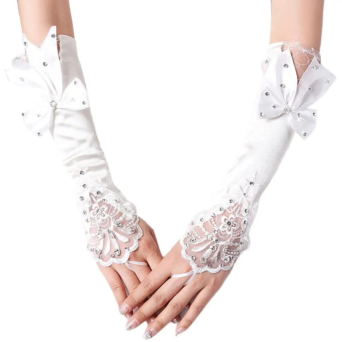 Satin Long Women’s Wedding Gloves Ivory Fingerless Lace Bridal Accessory