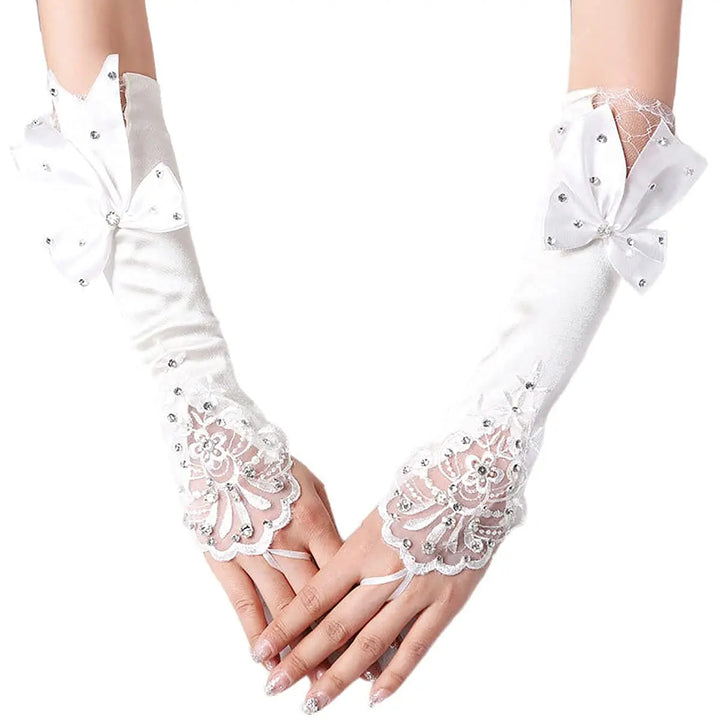 Satin Long Women’s Wedding Gloves Ivory Fingerless Lace Bridal Accessory