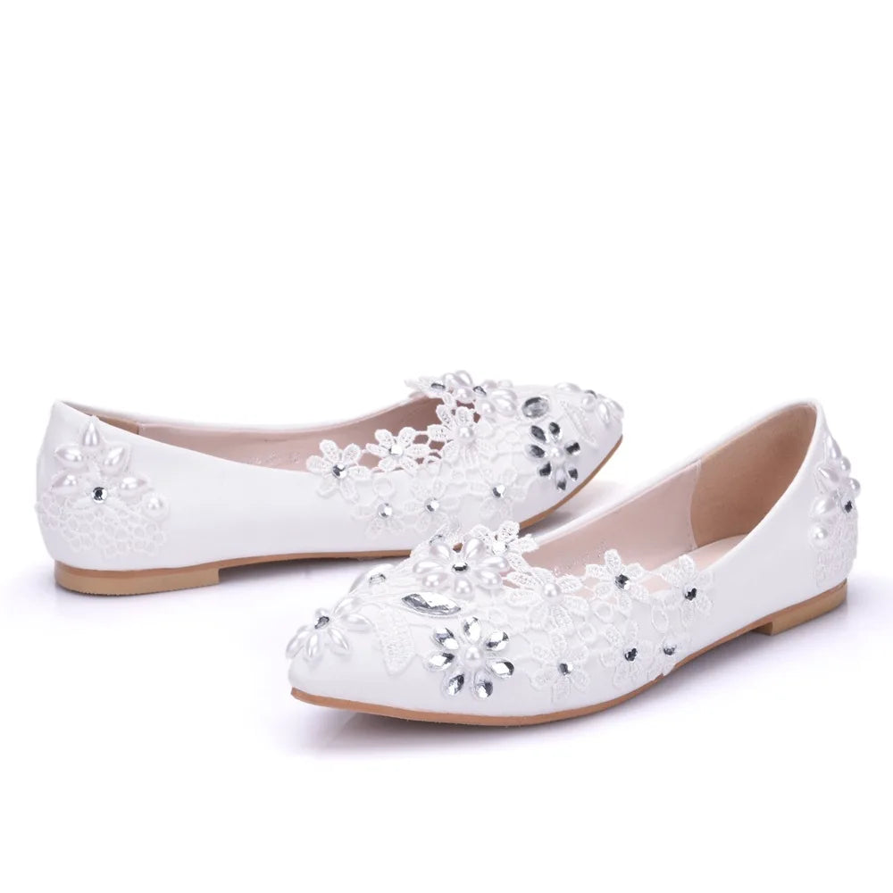 Spring and summer pointed toe shallow mouth white rhinestone pearl lace flat
