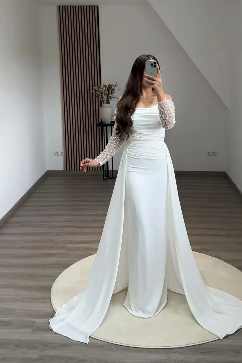 Jessica White Wedding Dress Mermaid Long Sleeves Arabic Evening Dresses