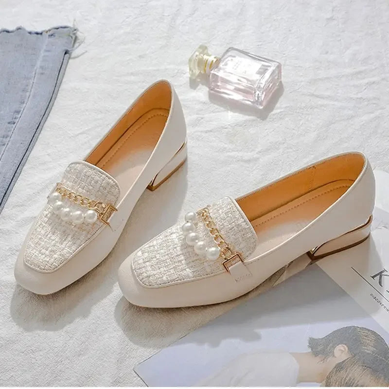 Medium Heels Pearl Women's Shoes Square Toe Ladies Pumps Shoe