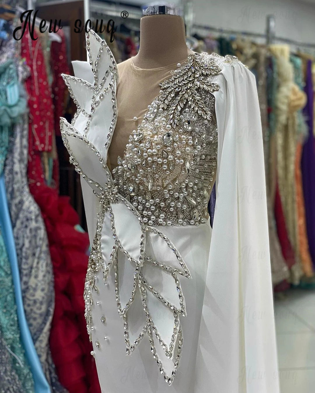 Chic Nude Deep V Neck White Satin Evening Dress Cape luxury wedding dress