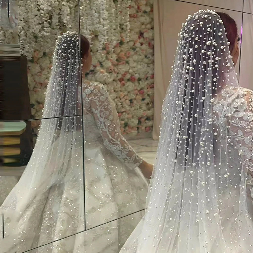 1 Tier Pearls Wedding Veil Cathedral Oversized Veils Bridal Tulle Veil