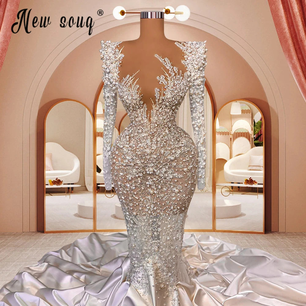 Modern Wedding Dress Elegant Pearls Mermaid Satin luxury wedding dress