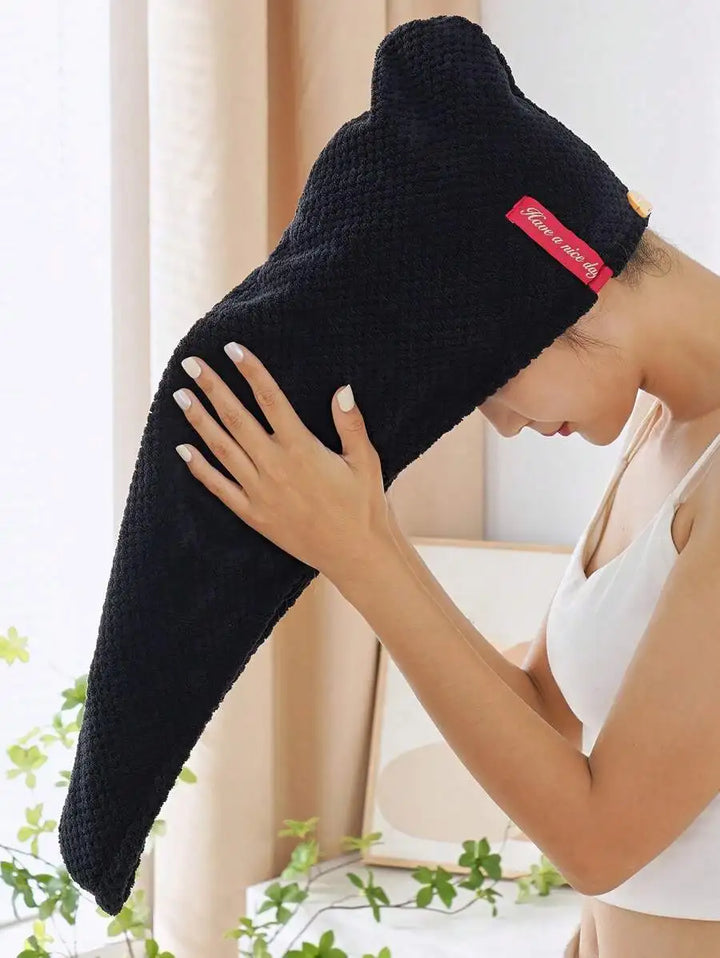 Black Microfiber Hair Drying Turban Cap for Women - Soft Absorbent Towel