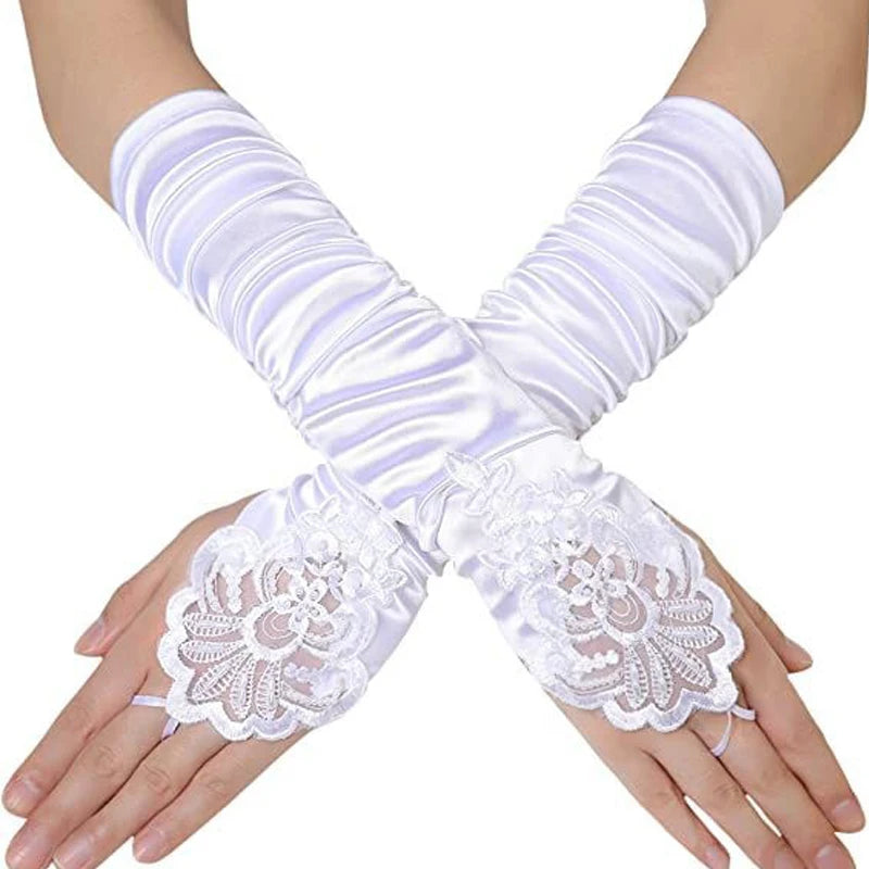 New Women Fingerless Bridal Gloves Black White Sequin Embroidery Lace