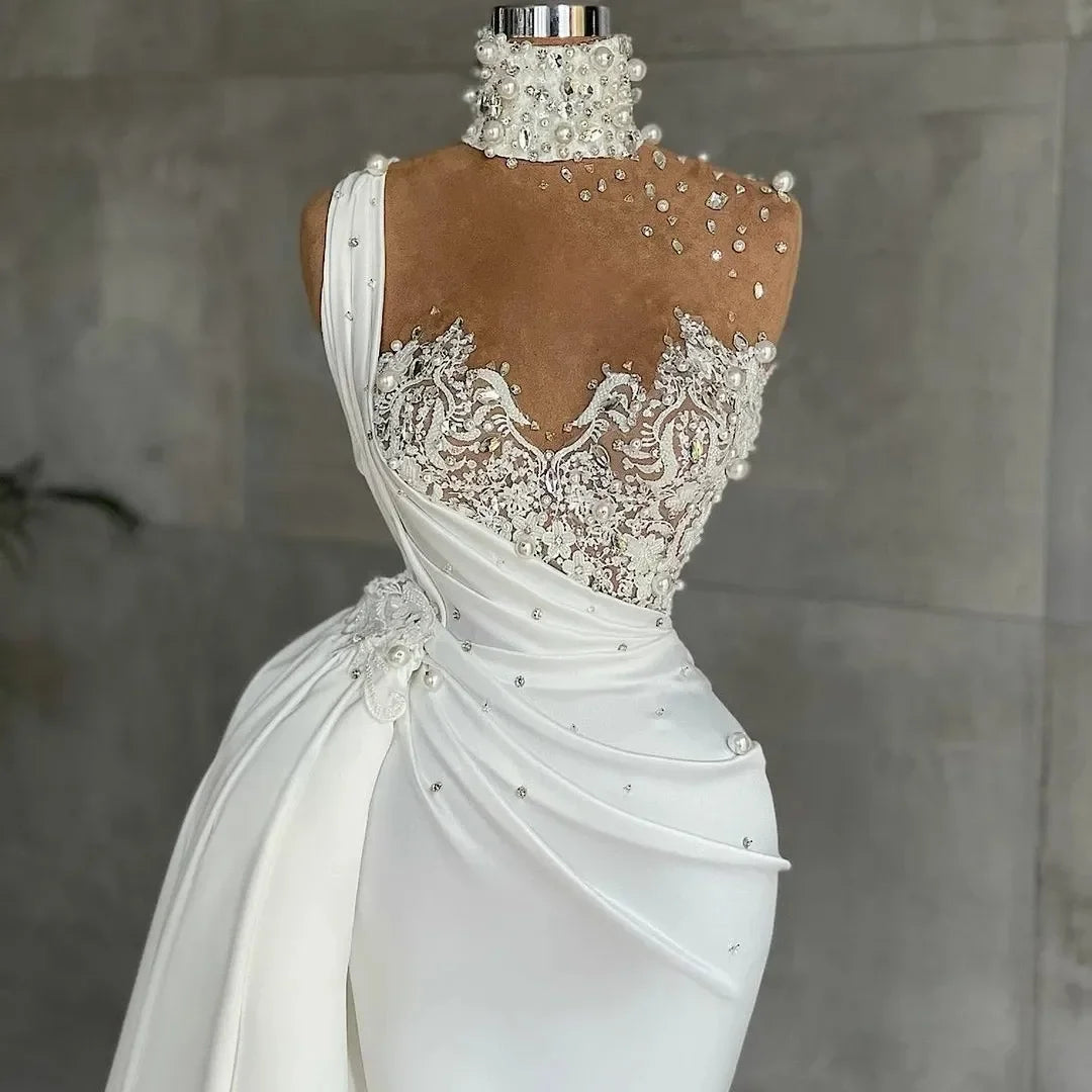 Mermaid Wedding Dresses with Detachable Pearls Beaded Bridal Gown