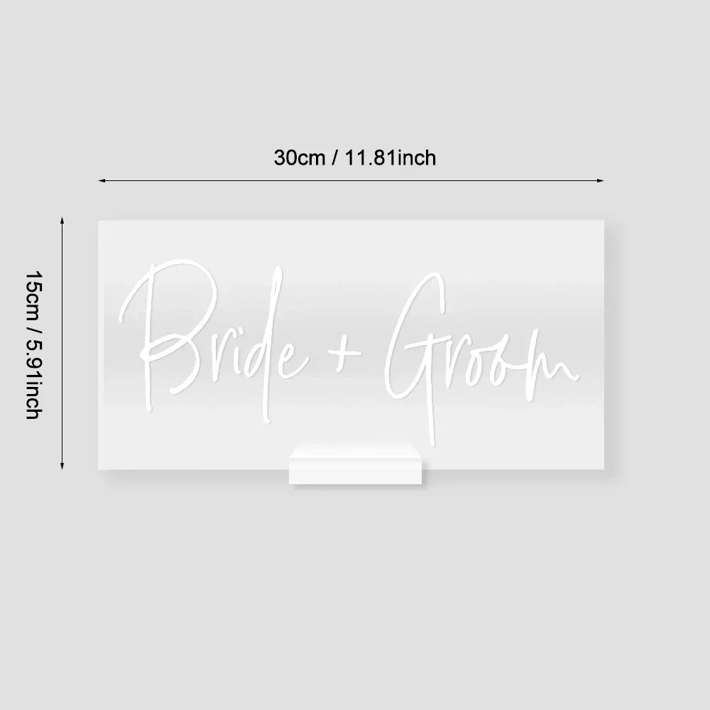 Bride and Groom Mr and Mrs Table Signs, Clear Glass Look Acrylic Head Table Sign