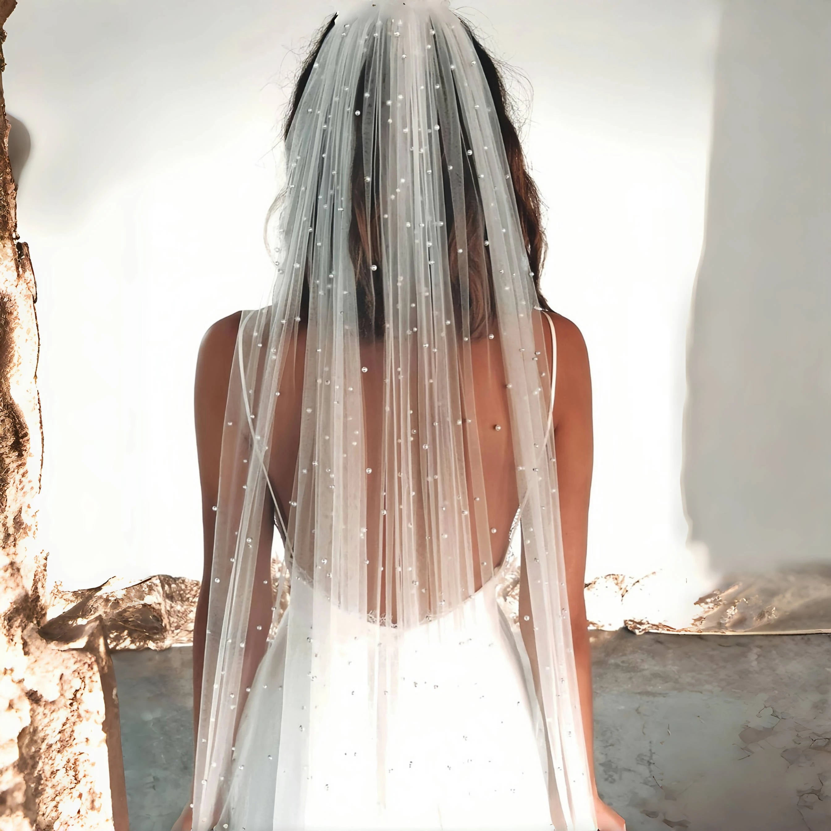 Pearls Bridal Veil Soft 1 Tier Beaded Wedding Veil for Bride