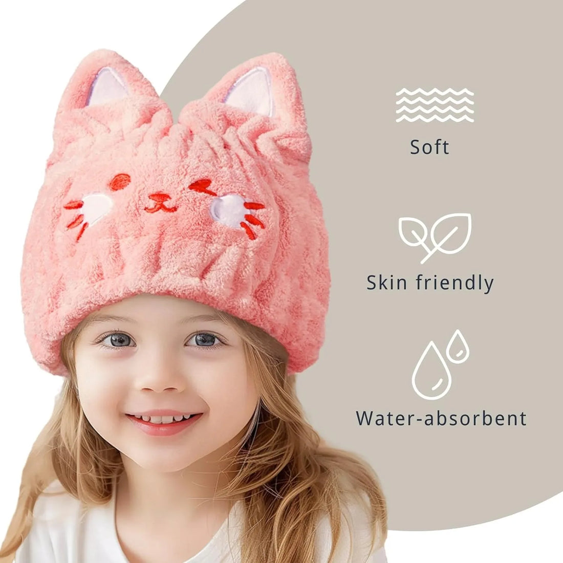 Microfiber Hair Towel Wrap for Kids, Pink Cat Dry Hair Cap Suck Water Towel