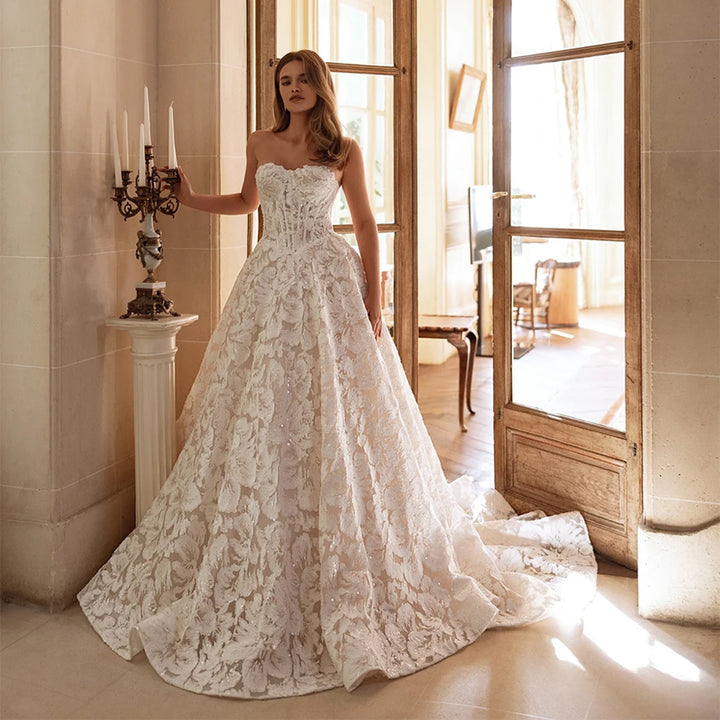 Luxury Full Lace A-line Wedding Dress Sexy Backless Bridal Gown