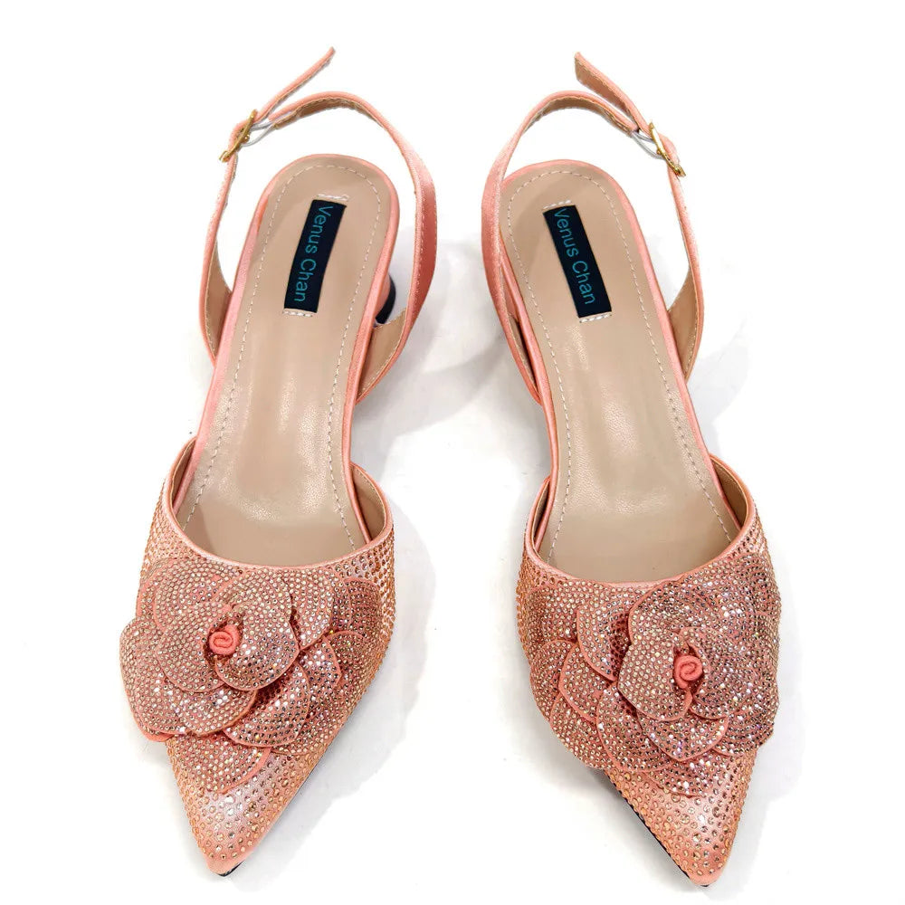Peach Color Elegant Lady Shoes And Bag Set with Rhinestone Heel