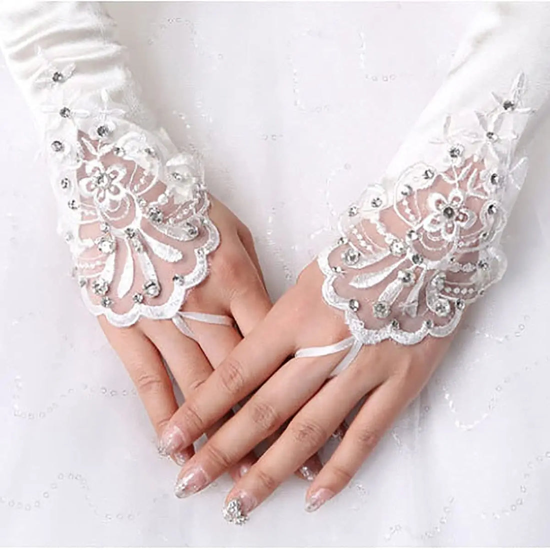 Satin Long Women’s Wedding Gloves Ivory Fingerless Lace Bridal Accessory