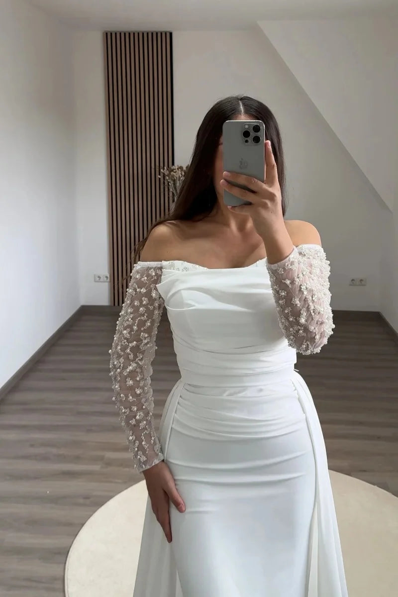 Jessica White Wedding Dress Mermaid Long Sleeves Arabic Evening Dresses