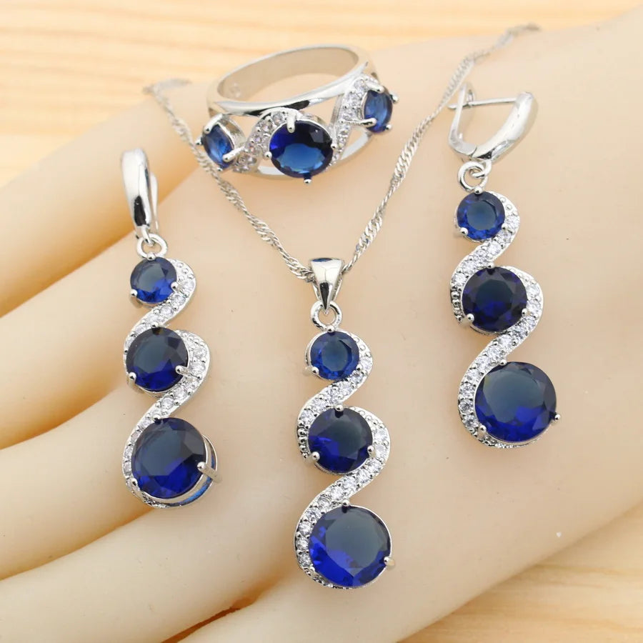 Classic Blue Zirconia 925 Silver Jewelry Sets for Women Earrings Necklace