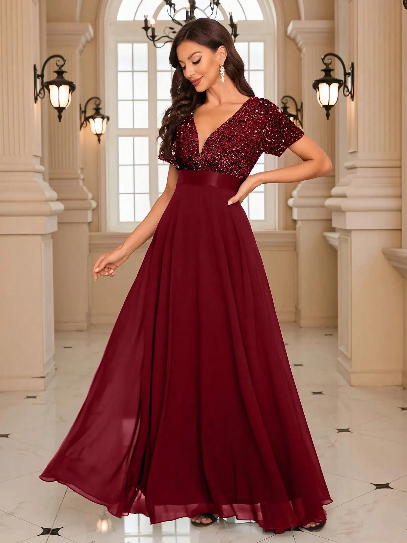 Burgundy Sequin Evening Gown with Short Sleeves luxury wedding dress