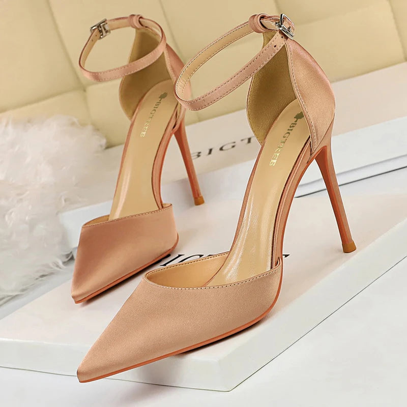 BIGTREE Shoes Satin With Shallow Pointed Women Pumps Buckle Heels