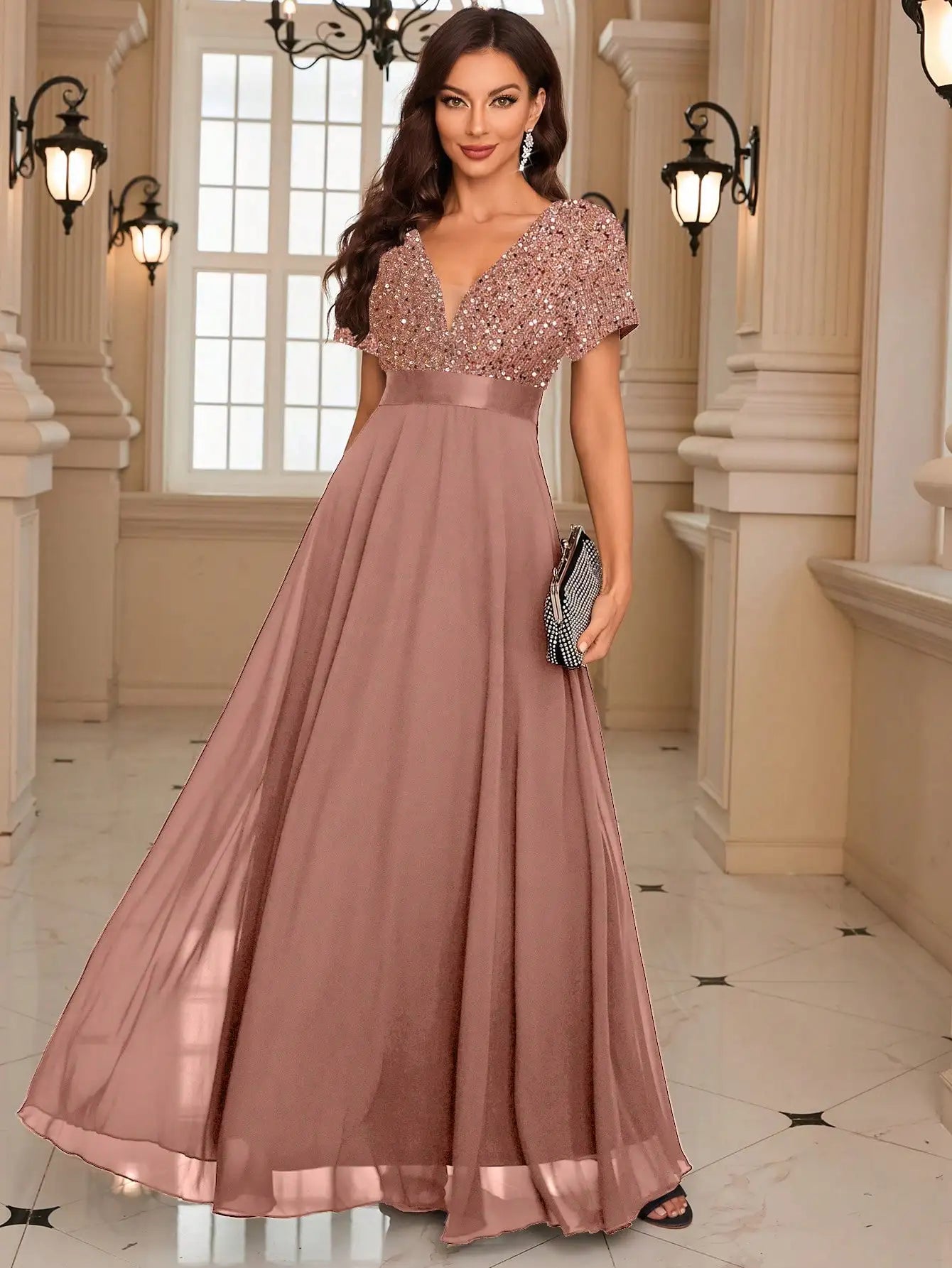 Burgundy Sequin Evening Gown with Short Sleeves luxury wedding dress
