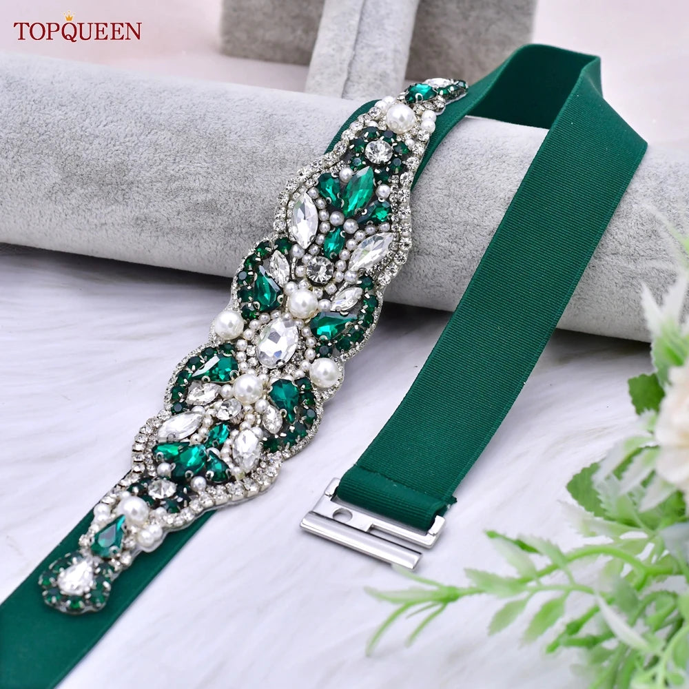 TOP Queen S407-B Women Elastic Belts for Party Dress Gown Silver Rhineston