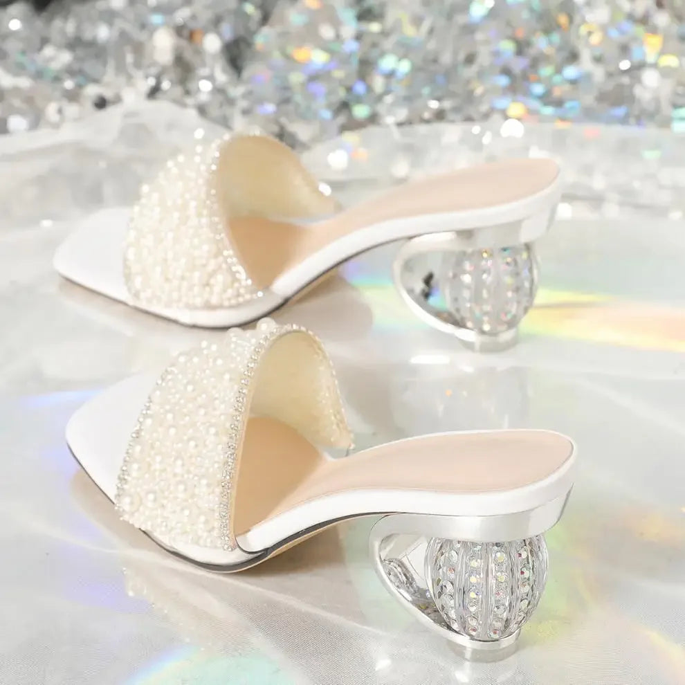 White Pearl Shiny Sandals Slippers Women Transparent Thick Bottom Party Heel