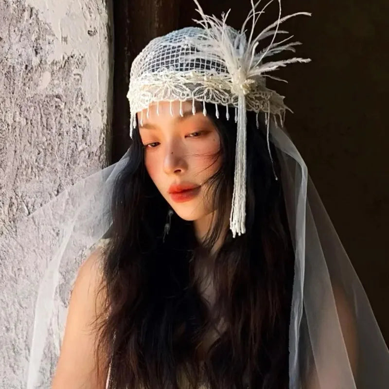 Vintage French Bridal Veil with Feather & Tassel Luxury Wedding Headpiece