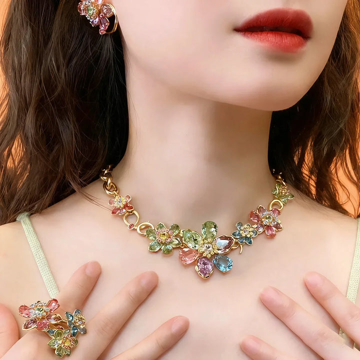 Trend Fine Jewelry Sets Charm Pink Blue Flower Crystal Fashion Luxury Necklace