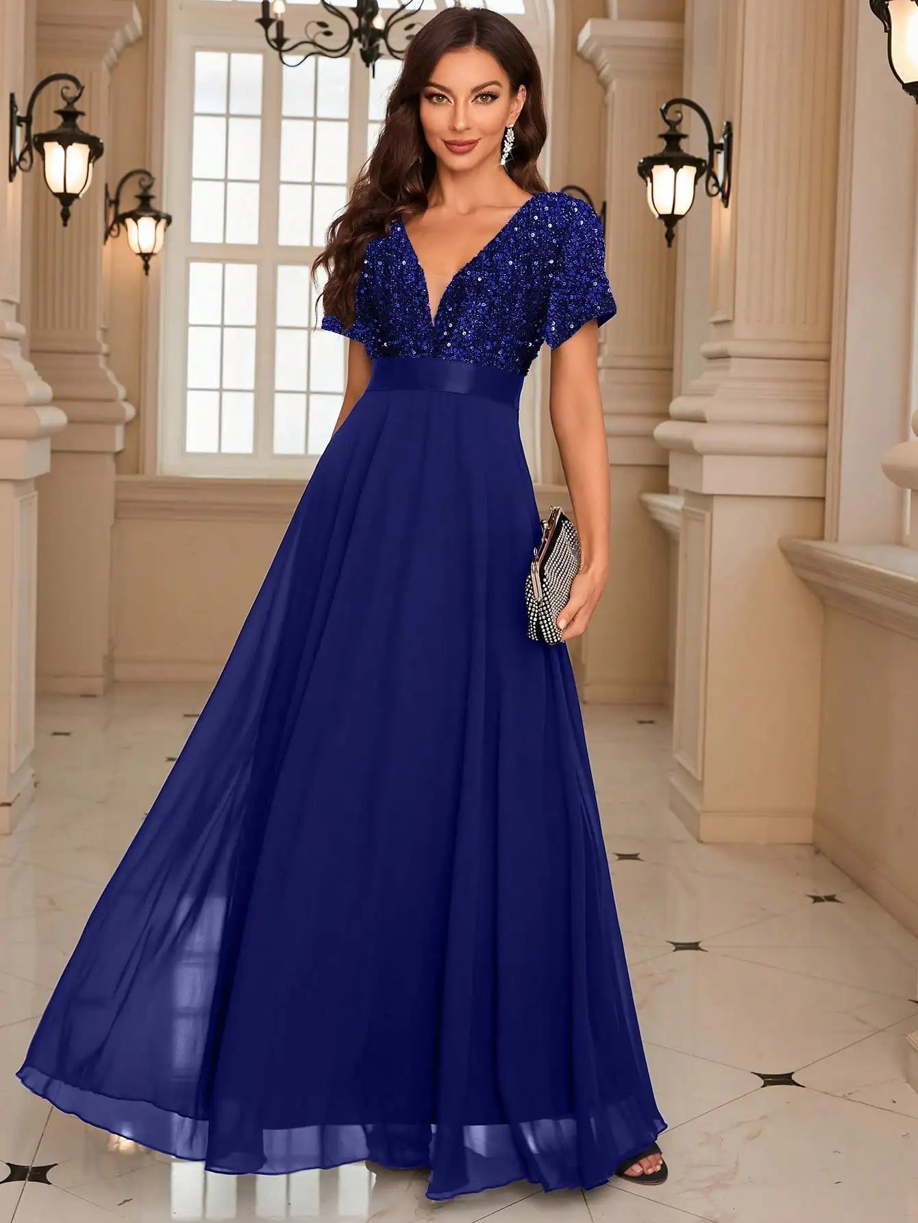 Burgundy Sequin Evening Gown with Short Sleeves luxury wedding dress