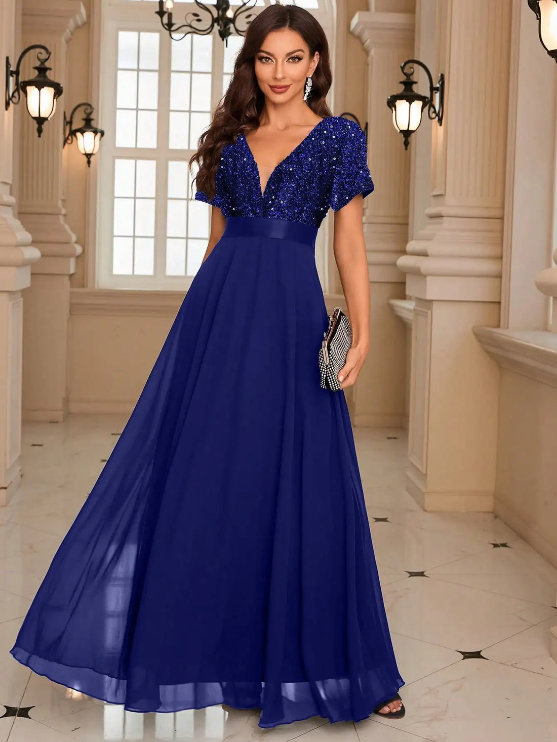 Burgundy Sequin Evening Gown with Short Sleeves luxury wedding dress