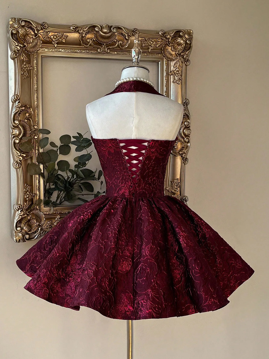 Burgundy Jacquard Halter Backless A-Line Mini Dress for Formal Events