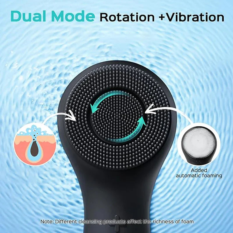 Facial silicone cleansing brush with dual rotation and vibration modes