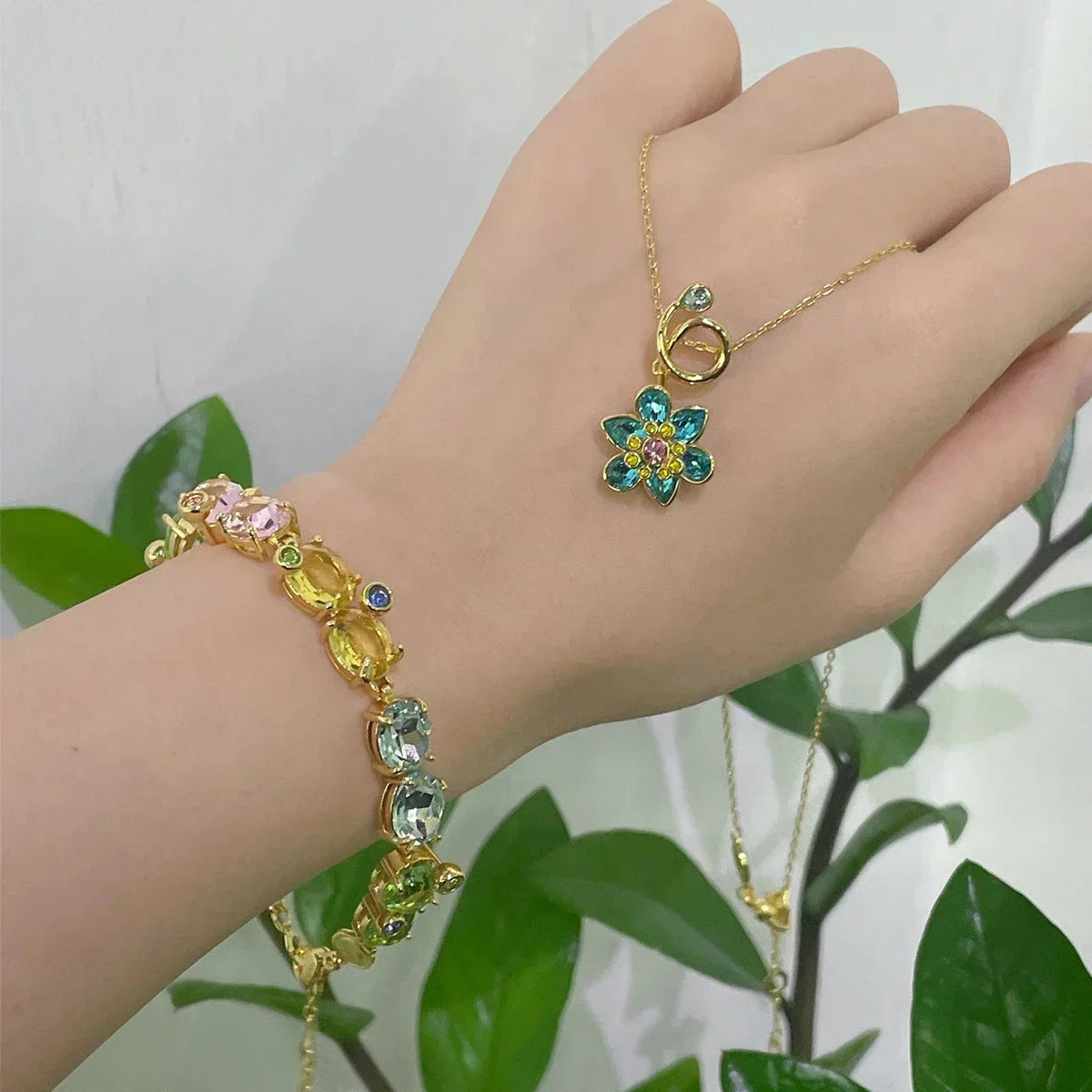 Trend Fine Jewelry Sets Charm Pink Blue Flower Crystal Fashion Luxury Necklace