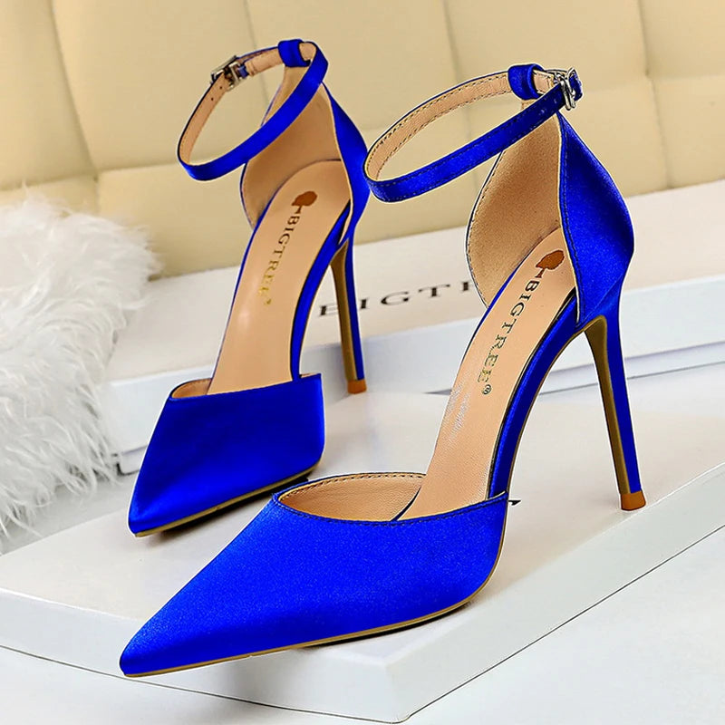 BIGTREE Shoes Satin With Shallow Pointed Women Pumps Buckle Heels