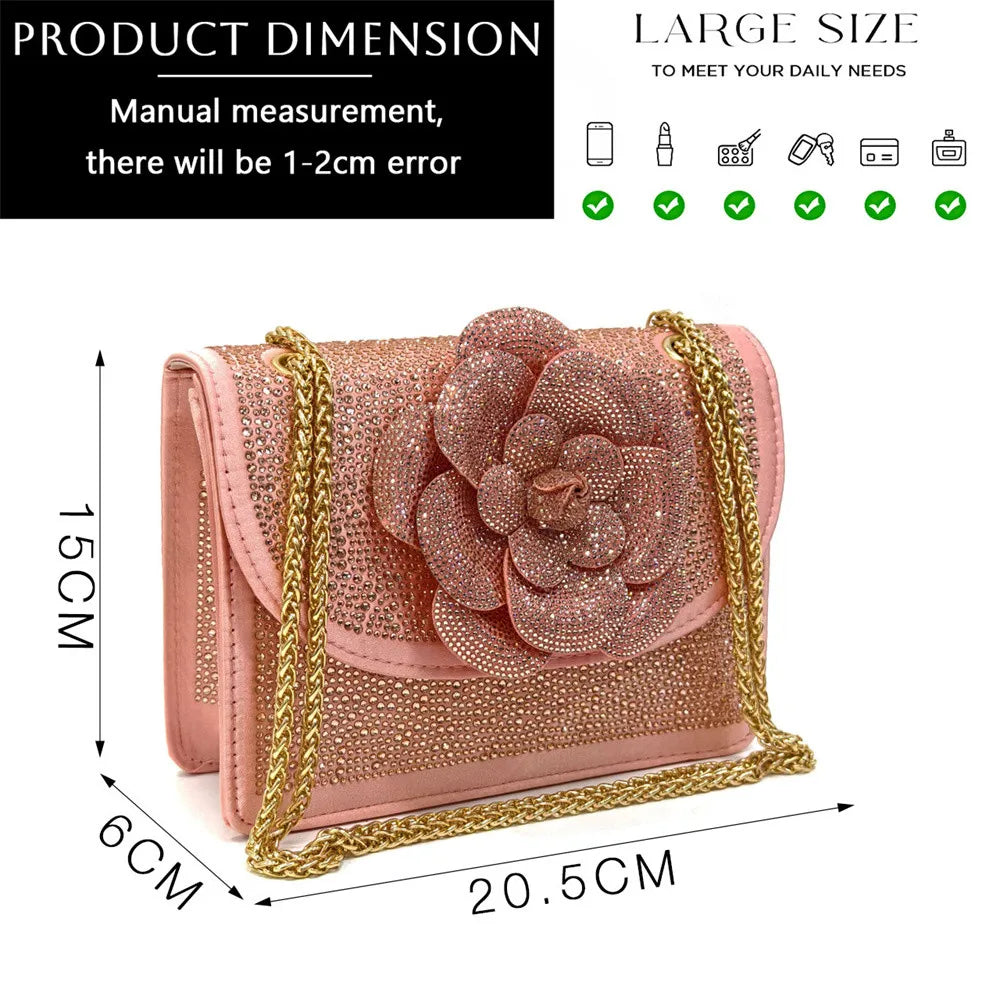 Peach Color Elegant Lady Shoes And Bag Set with Rhinestone Heel