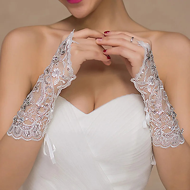Elegant Women' Wedding Lace Gloves Bridal Fingerless Crystal Sequins