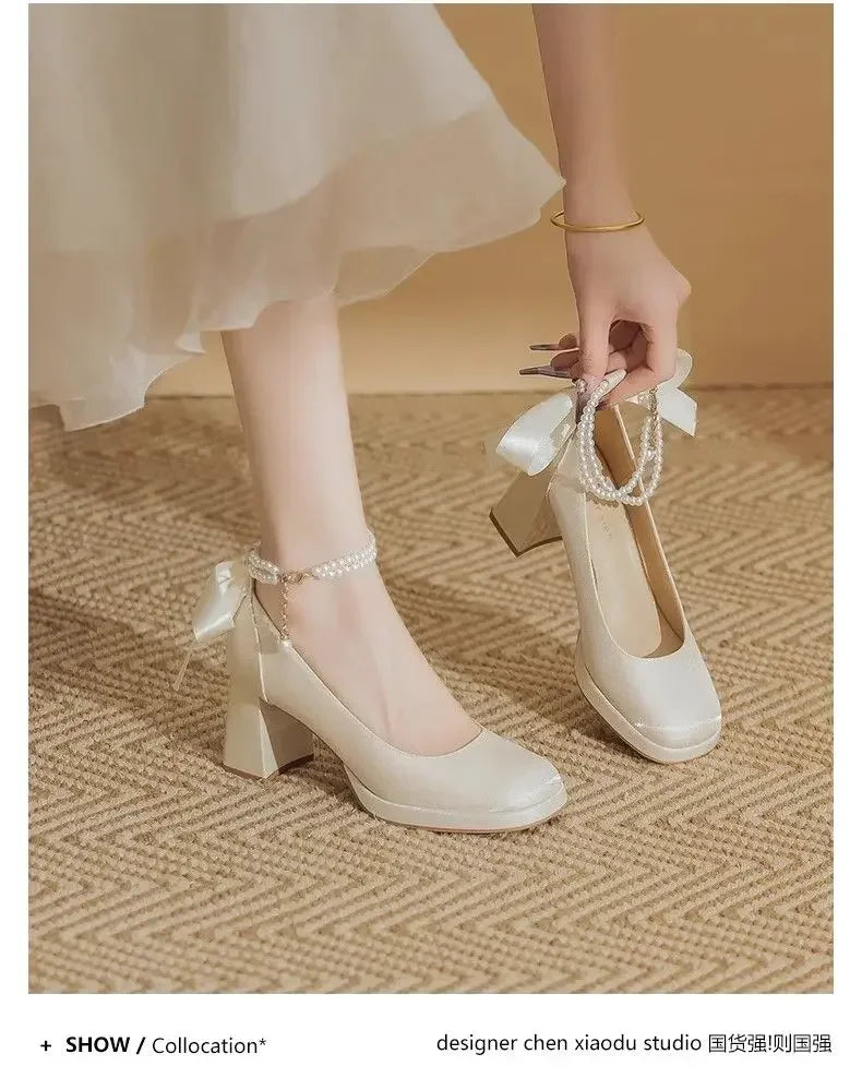 Red Bow Pearl Mary Jane Platform Waterproof Lolita Heels for Women