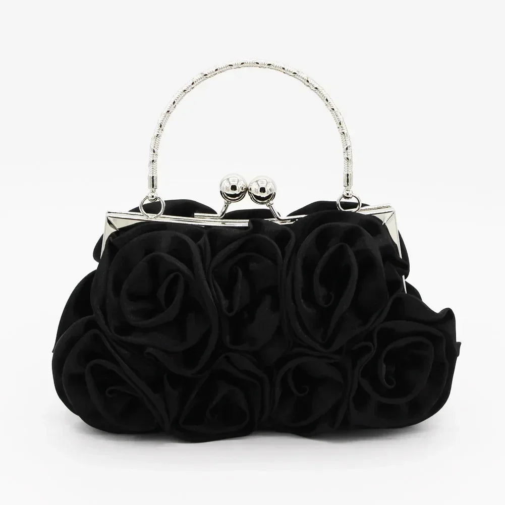 Silk Satin Ivory Clutch Purse Trendy New 3D Floral Roses Flower Cloth Bag