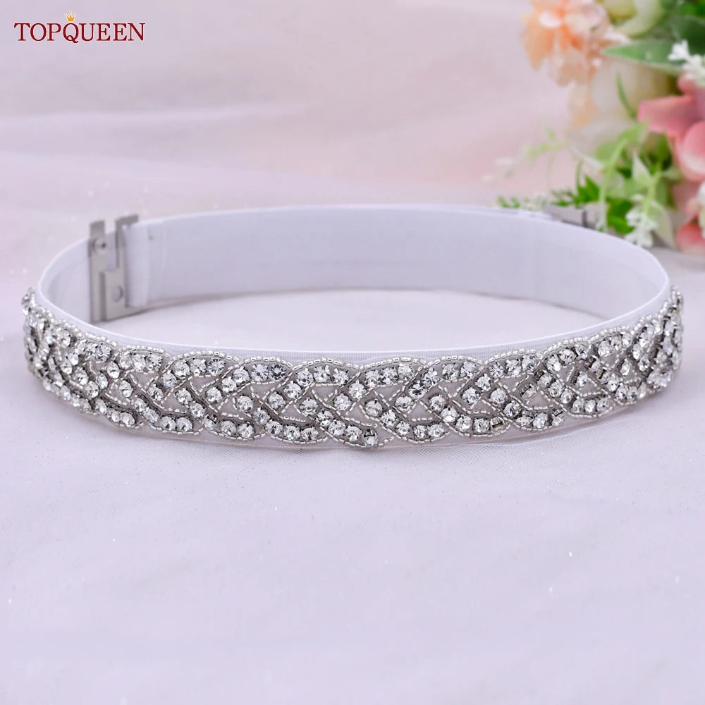 TOP Queen S407-B Women Elastic Belts for Party Dress Gown Silver Rhineston
