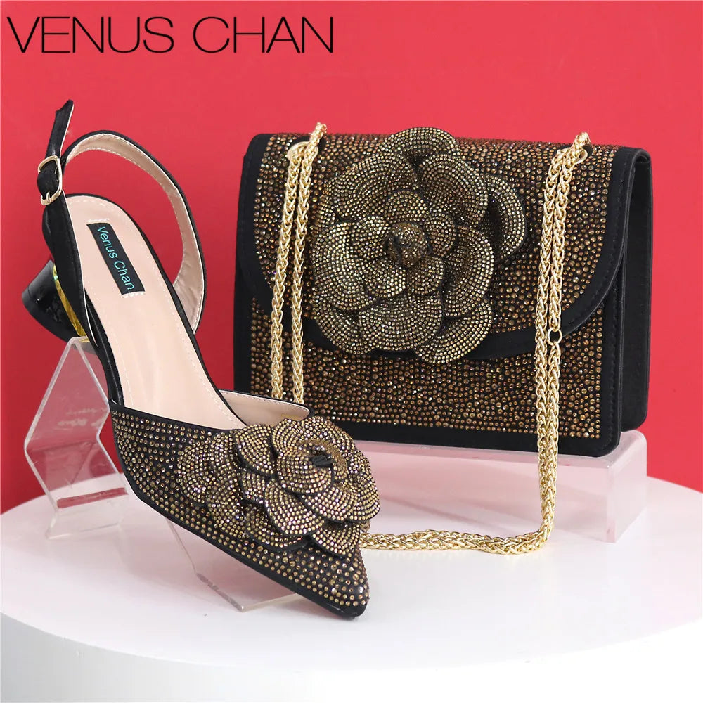 Peach Color Elegant Lady Shoes And Bag Set with Rhinestone Heel