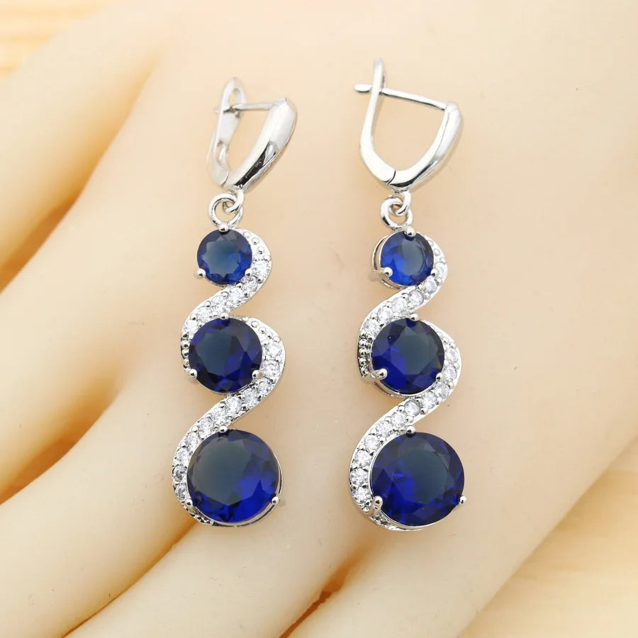 Classic Blue Zirconia 925 Silver Jewelry Sets for Women Earrings Necklace
