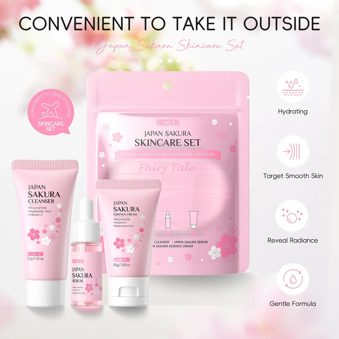 LAIKOU Sakura Skin Care Set Facial Cleanser Toner Face Serum