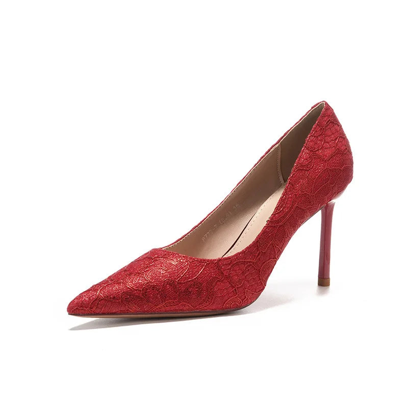 Pointed stiletto satin red gold high heels festive wedding dress wedding shoes