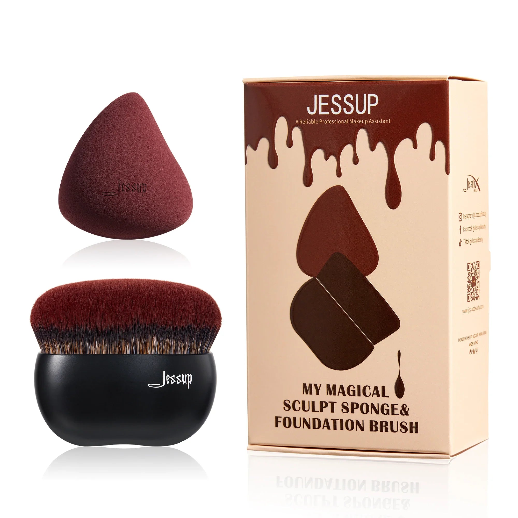 Jessup Foundation Brush with Makeup Sponge, Black Makeup Brush Flat