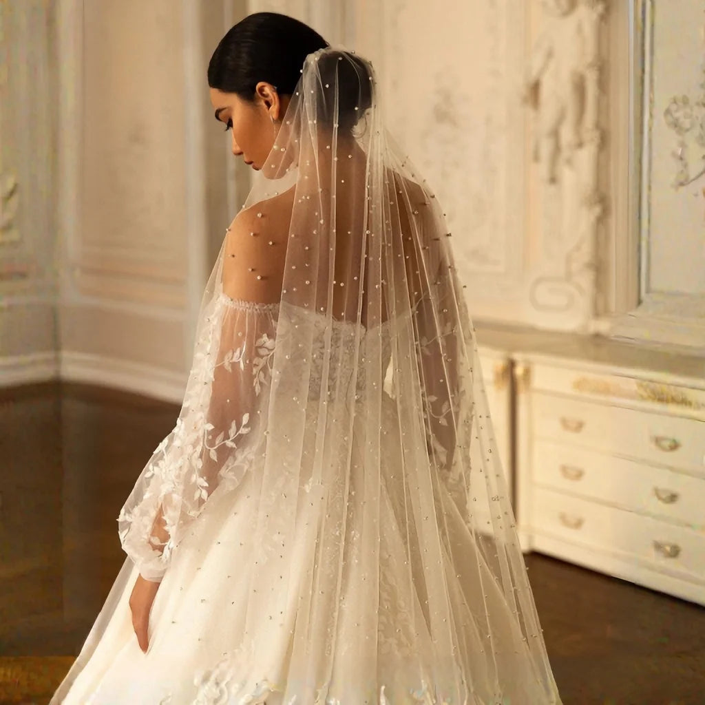 Pearls Bridal Veil Soft 1 Tier Beaded Wedding Veil for Bride