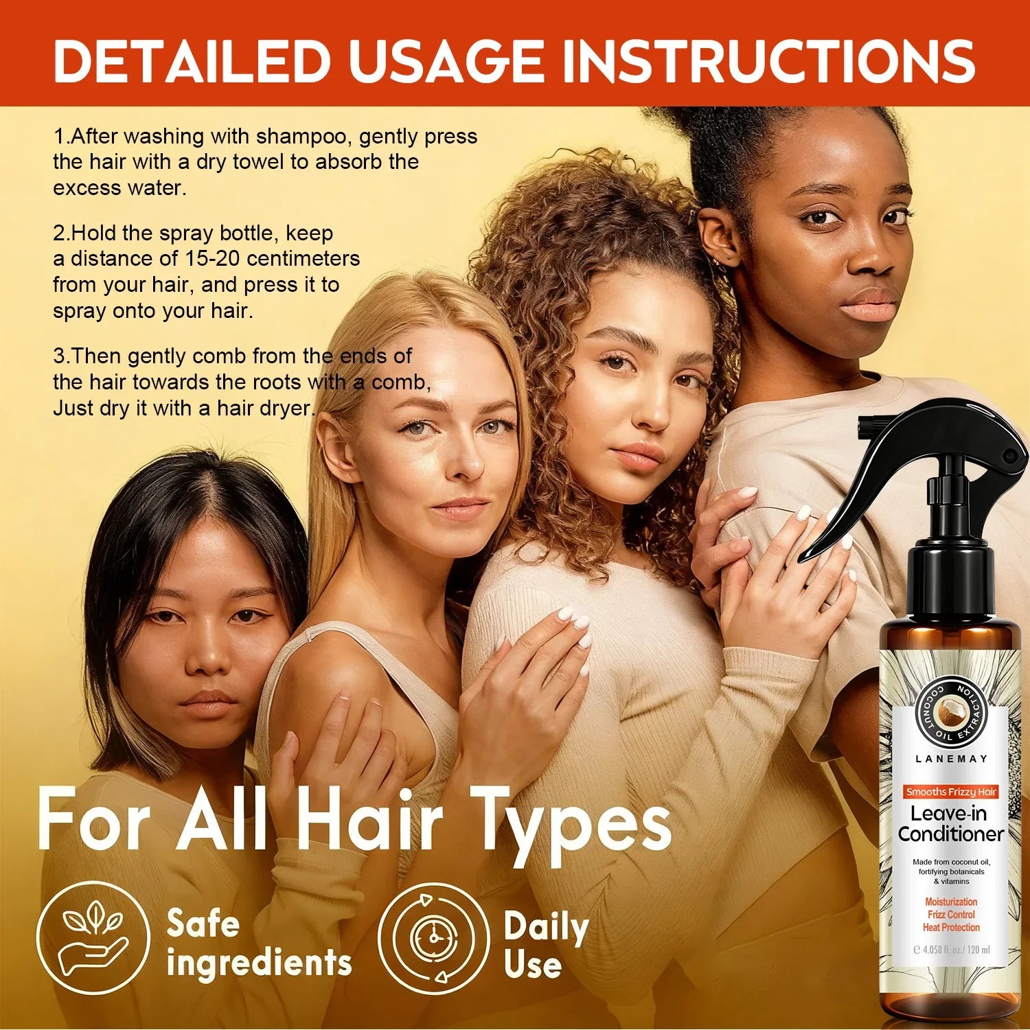 Coconut oil Leave-in Conditioner Moisturizing anti-frizz spray Deeply