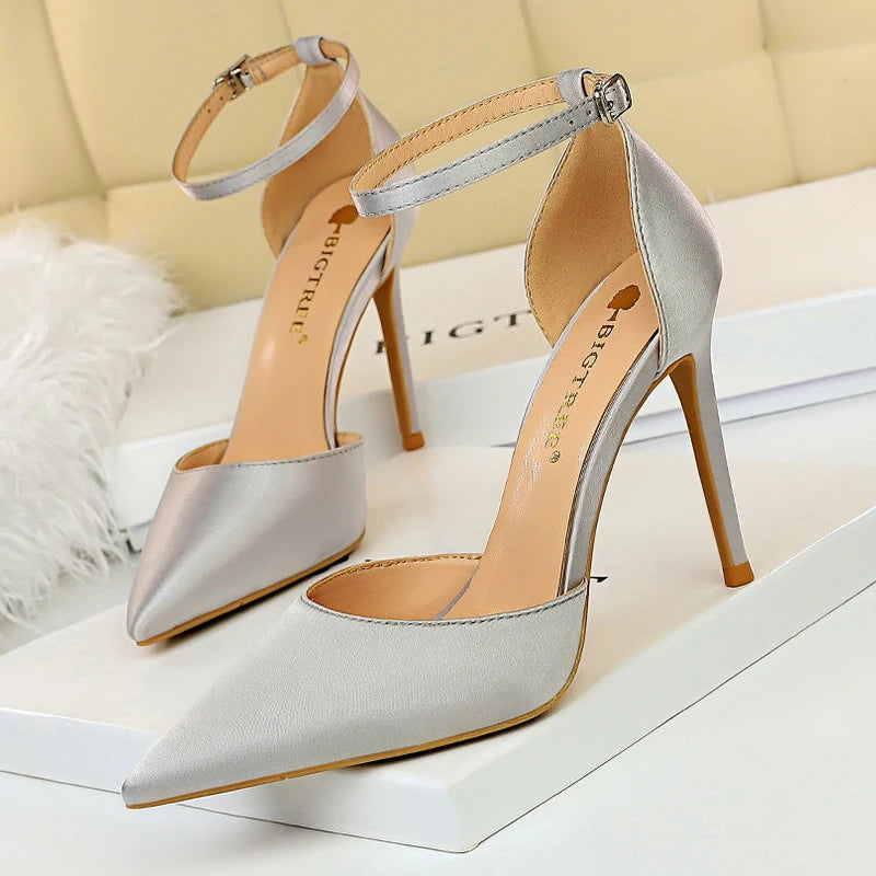 BIGTREE Shoes Satin With Shallow Pointed Women Pumps Buckle Heels