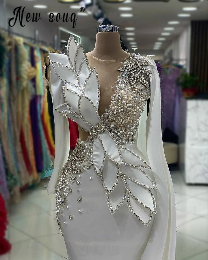 Chic Nude Deep V Neck White Satin Evening Dress Cape luxury wedding dress