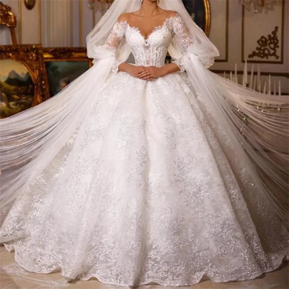 Luxury V Neck Appliques Sequins Ball Gown Wedding Dresses For Women