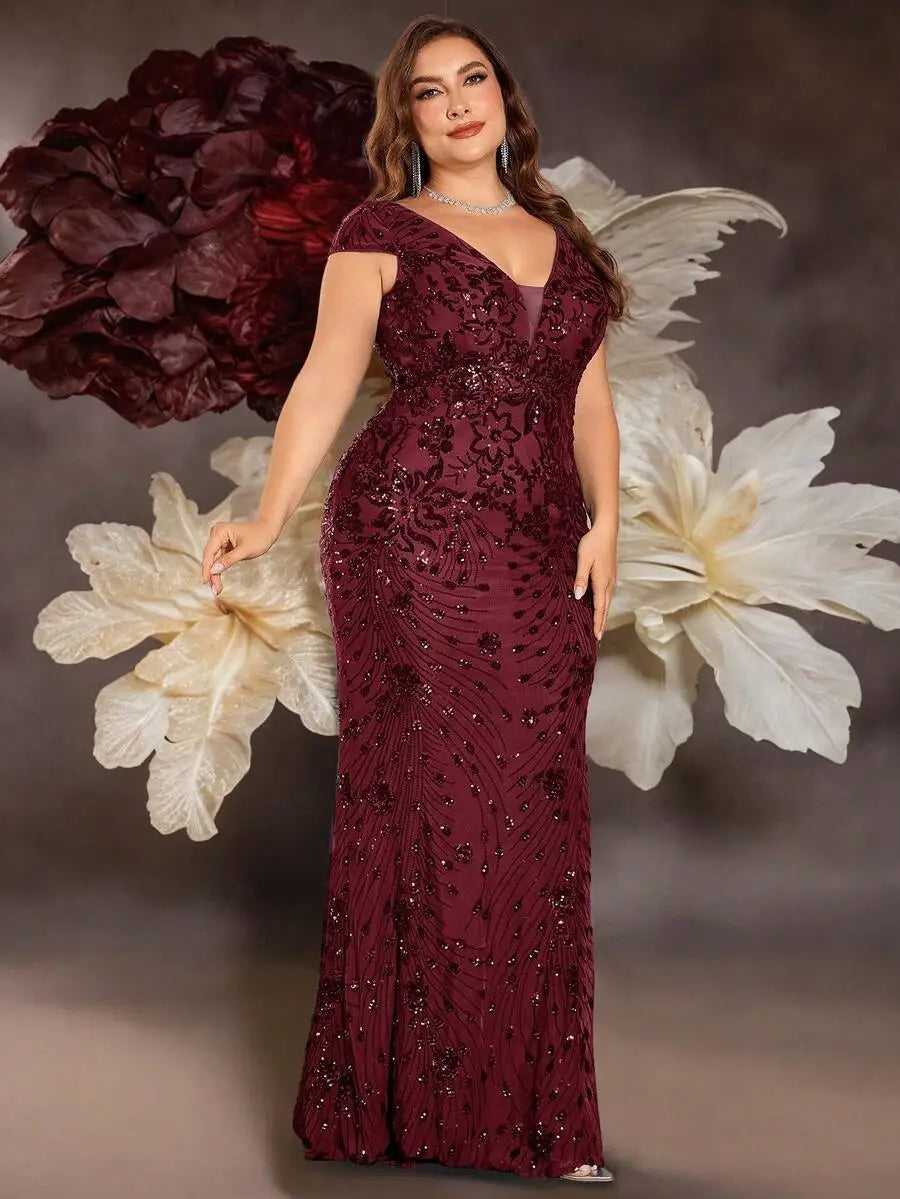 Burgundy Sequin V-Neck Cap Sleeve Fishtail Evening Dress for Women