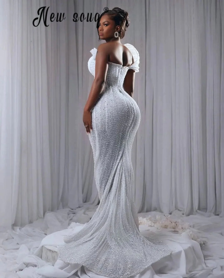 Ebi Plus White Prom Dresses 3D Pleated Long Wedding Events Gowns